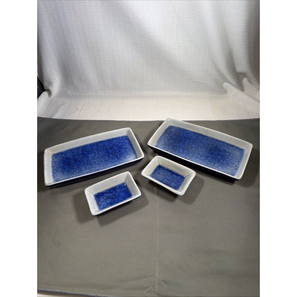 Vintage Pier 1 Japanese Stoneware Sushi Plates & Soy Sauce Dishes Set of 4 Blue